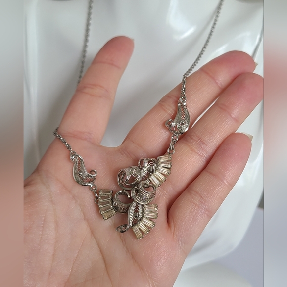 Vintage Art Deco Sterling Silver Crystal Baguette Filigree Chain Y Necklace - Picture 5 of 10